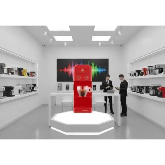 Macchina da caffè Illy rossa in un ambiente moderno con espositori di caffè