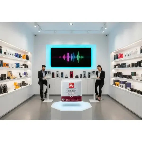 Negozio Illy con capsule e attrezzature per caffè in un ambiente moderno