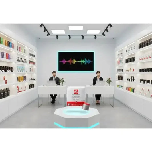 Negozio Illy con espositori di capsule e due assistenti alle vendite nel banco accoglienza