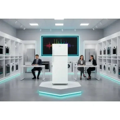 Frigorifero INDESIT bianco esposto in un negozio moderno con elettrodomestici