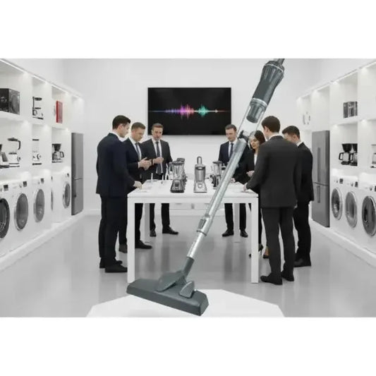 Aspirapolveri Innoliving in un ambiente di showroom con professionisti che discutono di elettrodomestici