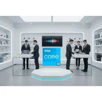 Presentazione di un INTEL CPU Core i3 con professionisti che collaborano in un ambiente elegante