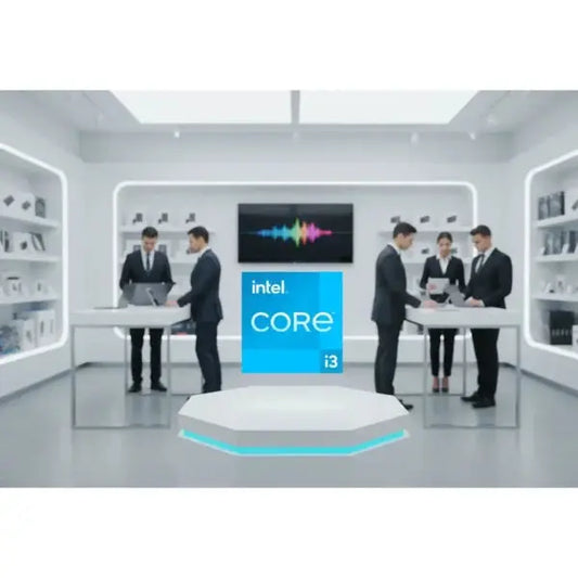 Presentazione di un INTEL CPU Core i3 con professionisti che collaborano in un ambiente elegante