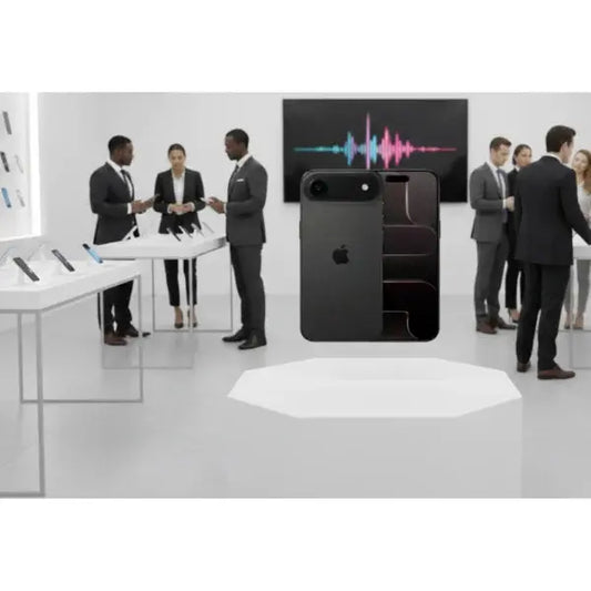 iPhone Air Apple con design elegante, esposto in un ambiente moderno con professionisti che interagiscono