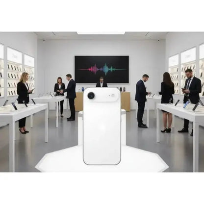iPhone Air bianco in primo piano in negozio Apple con clienti che esplorano diversi smartphone