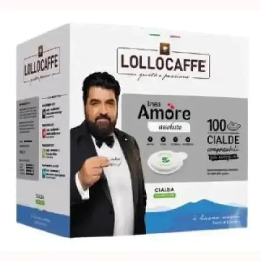 Confezione di 100 cialde di caffè Lollocaff linea Amore assoluto con uomo in abito elegante