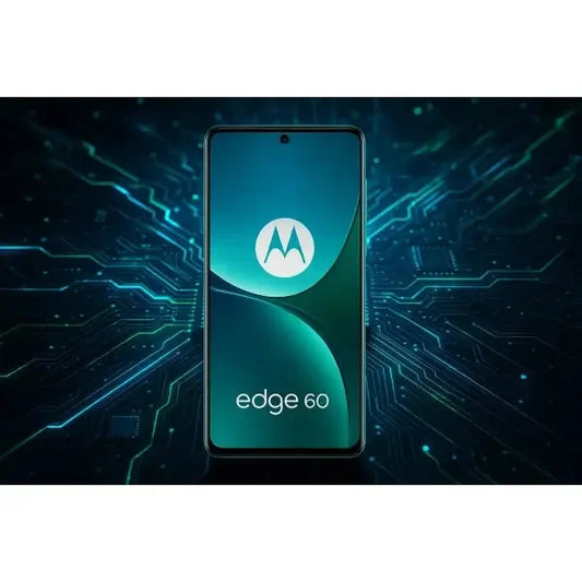 Smartphone Motorola Edge 60 con display luminoso e logo Motorola su sfondo tecnologico
