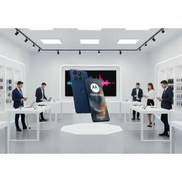Smartphone Motorola Edge 60 in blu, esposto in un negozio moderno con clienti e staff