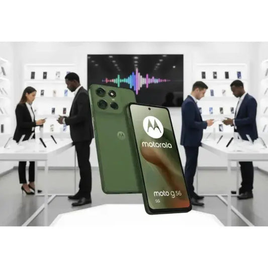 Smartphone Motorola Moto G56 verde con design elegante in un negozio di elettronica