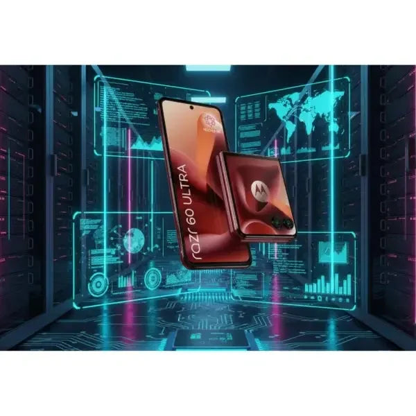 Smartphone Motorola Razr con design pieghevole e schermo all'avanguardia in ambiente futuristico