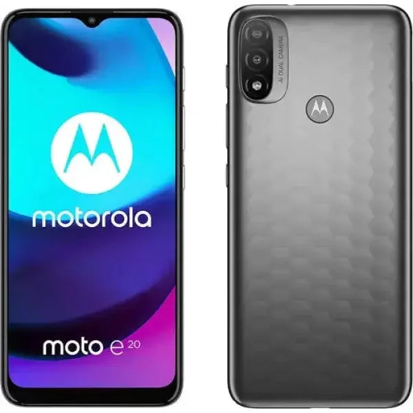 Smartphone Motorola Moto E20 con schermo colorato e design elegante sul retro