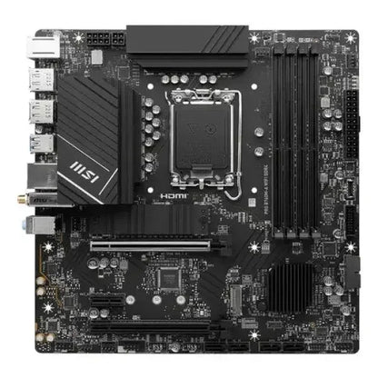 Scheda madre MSI con design nero e porte HDMI, ideale per assemblaggi di computer.