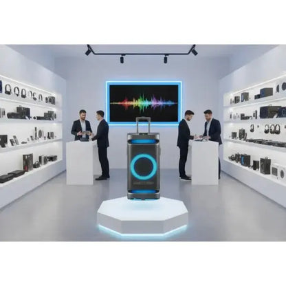 Colonna audio NGS in un'esposizione elegante con vari accessori audio in mostra