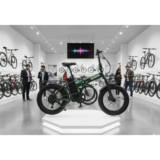 Bici elettrica Nilox con design moderno in un ambiente espositivo elegante