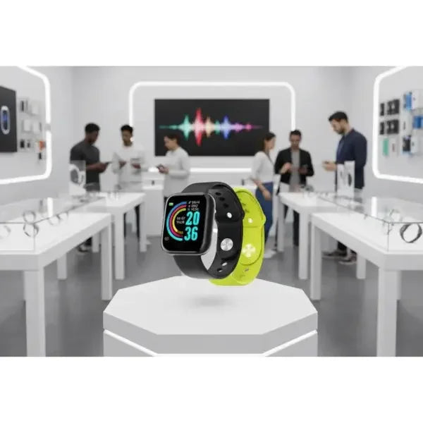 Smartwatch Nilox con schermo a colori e cinturino giallo, in un negozio moderno di tecnologia