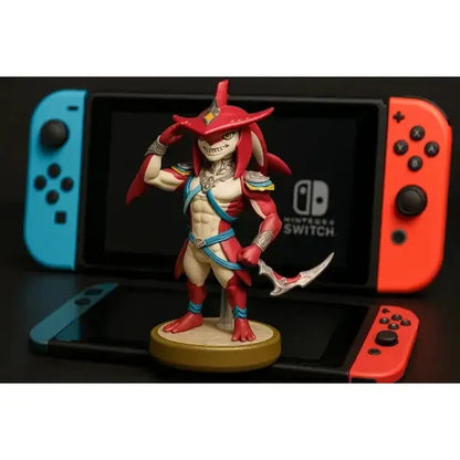 Amiibo di Nintendo con figura di guerriero masho su console Switch in sfondo