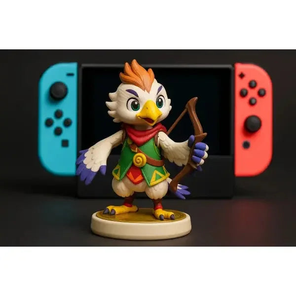 Amiibo Tulin figura di gioco Nintendo con arco e console Nintendo Switch sullo sfondo