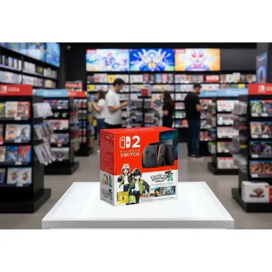 Confezione Nintendo Switch 2 in un negozio di videogiochi con sfondo di giochi esposti