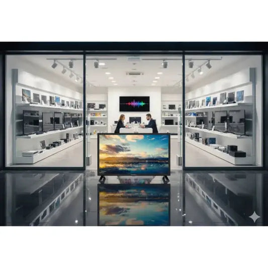 Televisore NORDMENDE esposto in un negozio con una vasta gamma di prodotti elettronici