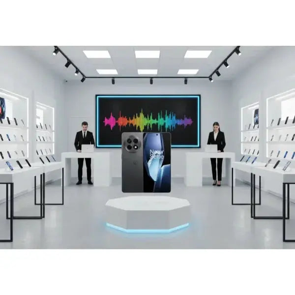 Smartphone OnePlus 13 in mostra in un moderno negozio di elettronica con accessori esposti