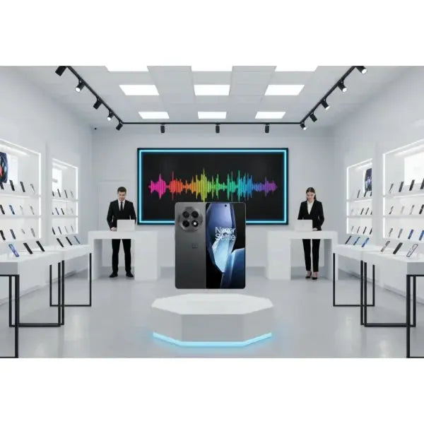 Smartphone OnePlus 13R in un negozio moderno con display colorato sullo sfondo