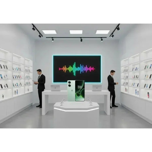 Smartphone OnePlus Nord 3 esposto in un negozio moderno con sfondo colorato