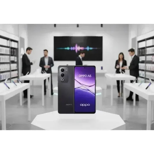 Smartphone OPPO A5 4+128GB 6.67 4G Dark Purple DS ITA in un negozio di elettronica con persone che interagiscono