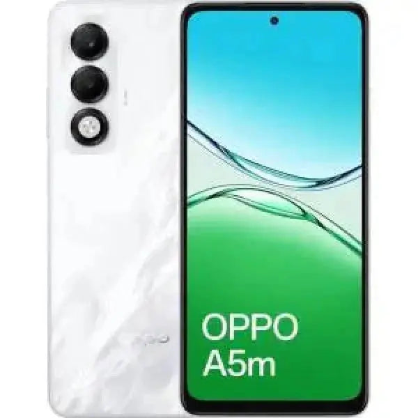 Smartphone OPPO A5m con display da 6.5 pollici e design elegante in bianco