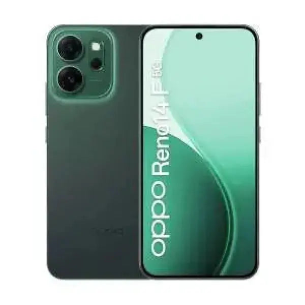 Smartphone OPPO Reno 14F in verde con fotocamera doppia e display elegante
