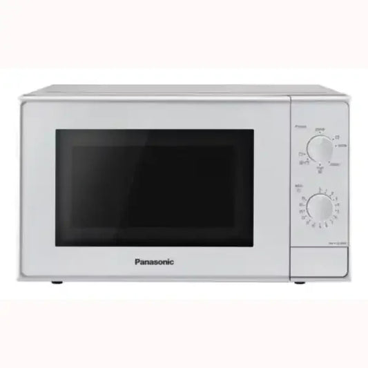 Microonde Panasonic bianco con manopole di controllo e sportello con finestra nera