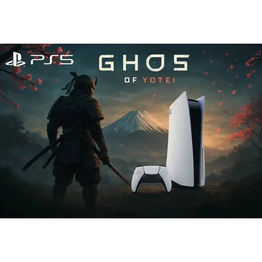 Console PS5 con il gioco Ghost of Yotei e un guerriero samurai sullo sfondo