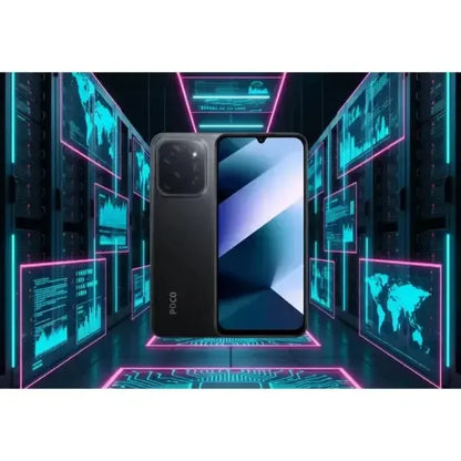 Smartphone POCO C85 con schermo grande e design elegante in un ambiente futuristico