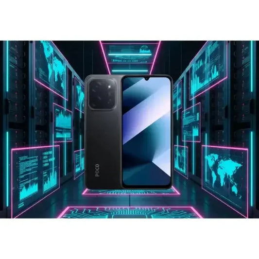 Smartphone POCO C85 con schermo grande e design elegante in un ambiente futuristico