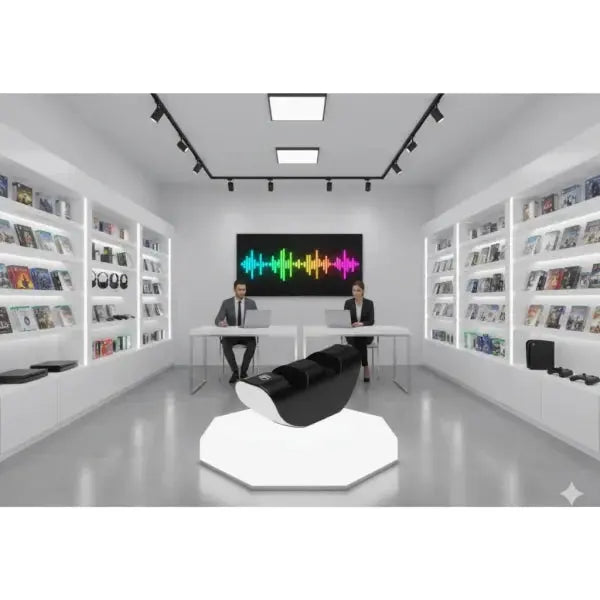 Negozio di accessori giochi con esposizione di prodotti PS5 e due persone al banco di registrazione