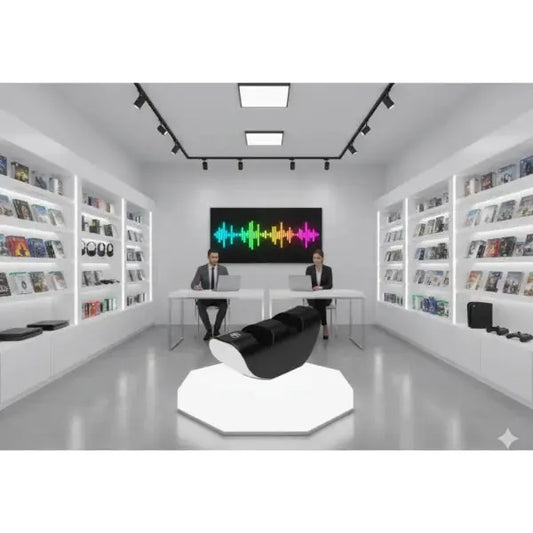 Negozio di accessori giochi con esposizione di prodotti PS5 e due persone al banco di registrazione