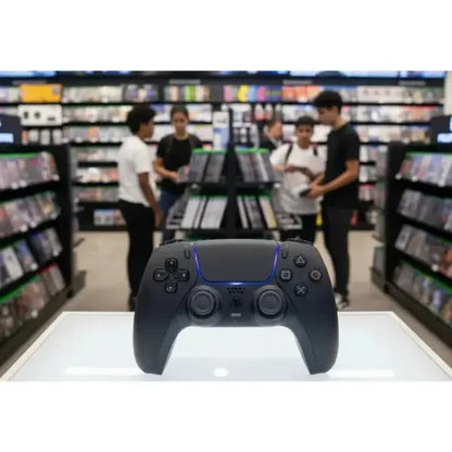Controller Sony in primo piano su una superficie, con sfondo di giochi e persone che esplorano il negozio, PS5 controller