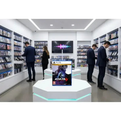 Giochi PS5 in negozio con titolo Ninja e clienti che esplorano la selezione