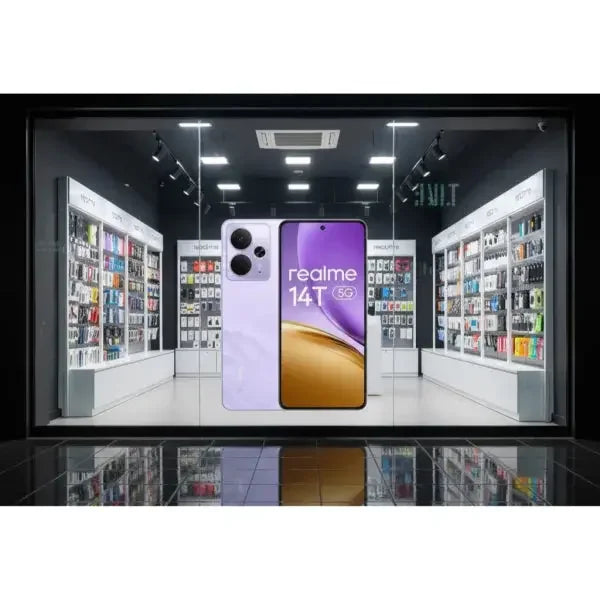 Negozio di smartphone con il Realme 14T in evidenza su uno sfondo di vari accessori