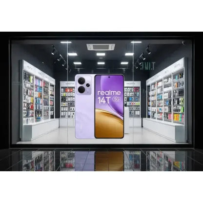 Negozio di smartphone con il Realme 14T in evidenza su uno sfondo di vari accessori
