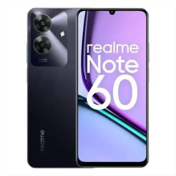 Smartphone Realme Note 60 nero con doppia fotocamera posteriore obiettivi grandi e display con notch centrale