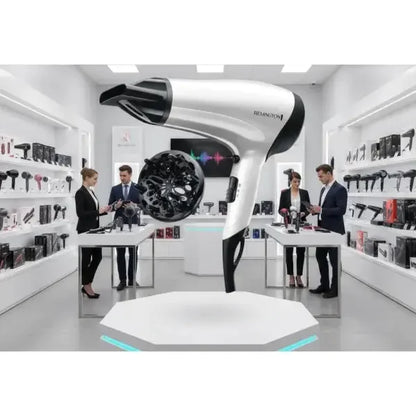 Remington asciugacapelli bianco e nero con design moderno ed efficiente, ideale per styling professionale