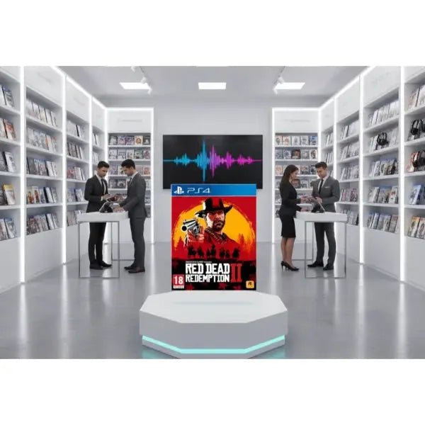Gioco Red Dead Redemption II per PS4, esposto in un'area giochi moderna con scaffali pieni di titoli