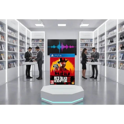 Gioco Red Dead Redemption II per PS4, esposto in un'area giochi moderna con scaffali pieni di titoli