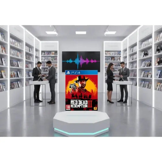 Gioco Red Dead Redemption II per PS4, esposto in un'area giochi moderna con scaffali pieni di titoli