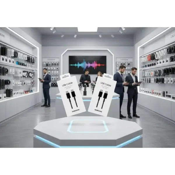 Cavi USB Samsung in un negozio di accessori telefonia con prodotti in esposizione