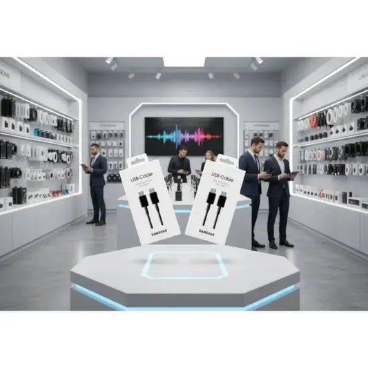 Cavi USB Samsung in un negozio di accessori telefonia con prodotti in esposizione