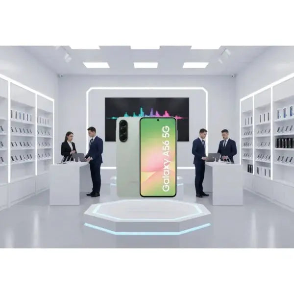 Smartphone Samsung Galaxy A56 5G con design elegante in un negozio moderno di tecnologia