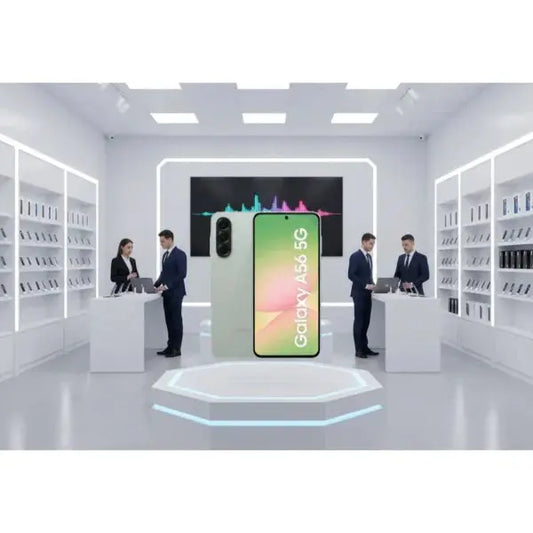 Smartphone Samsung Galaxy A56 5G con design elegante in un negozio moderno di tecnologia