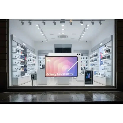 Samsung Galaxy Tab S8 Ultra esposta in un negozio di elettronica con display luminoso e moderno