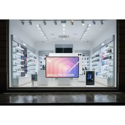 Vetrina di negozio Samsung con Galaxy Tab S8 Ultra in evidenza tra altri dispositivi elettronici